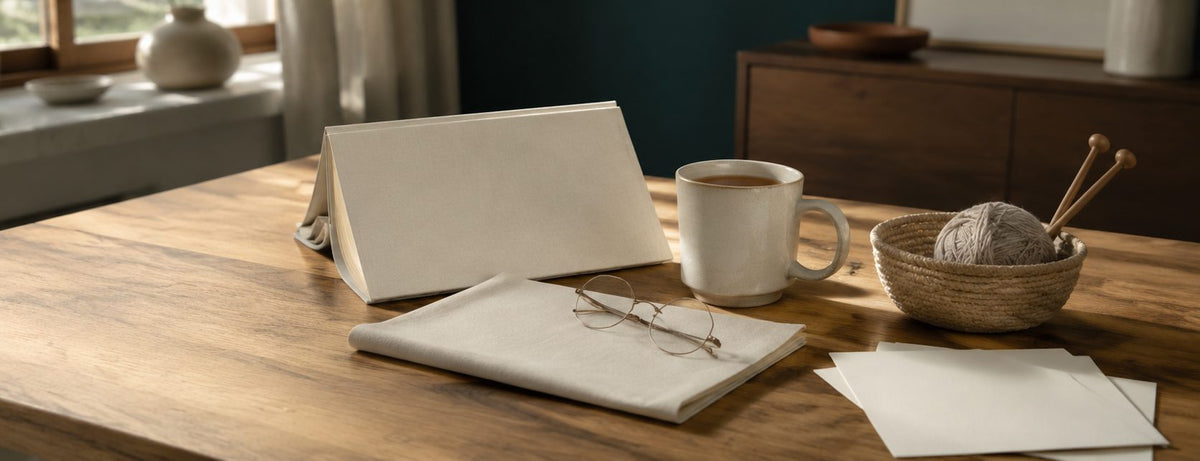 Mesa de madera junto a una ventana con un libro abierto, anteojos de lectura sobre un diario, una taza y un canasto con lana y agujas de tejer